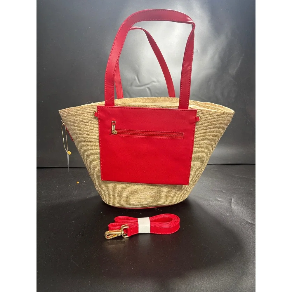 By Del Rio Straw Tote Bag Red‎ Faux Leather Trim Crossbody Strap NWT 00-157